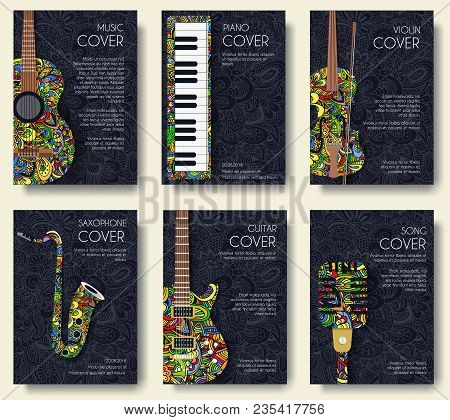 Music Magazine Layout Flyer Invitation Design. Set Of Musical Ornament Illustration Concept. Art Ins