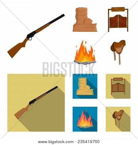 Winchester, Saloon, Rock, Fire.wild West Set Collection Icons In Cartoon, Flat Style Vector Symbol S