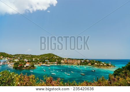 Panorama of Cruz Bay the main town on the island of St. John USVI, Caribbean