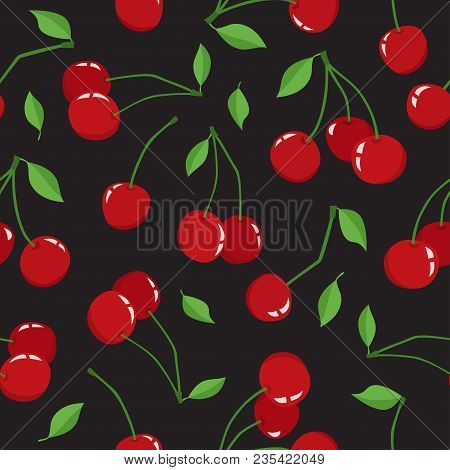 Cherry Berry With Leaves Isolated On A Black Background. Vector Seamless Pattern Of Different Fresh 