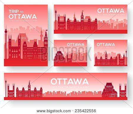 Set Of Ottawa Landscape Country Ornament Travel Tour Concept. Culture Traditional, Magazine, Book, P