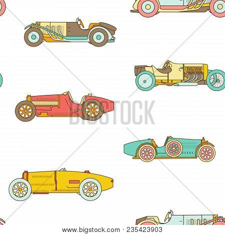 Vector Race Retro Sport Car Seamless Pattern. Vintage Automobiles Isolated On White Background