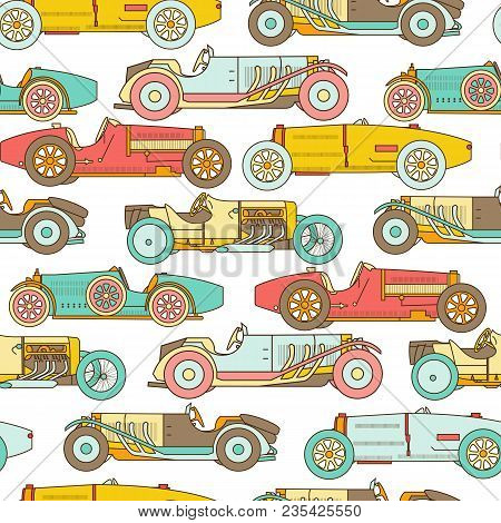 Vector Race Retro Sport Car Seamless Pattern. Vintage Automobiles Isolated On White Background