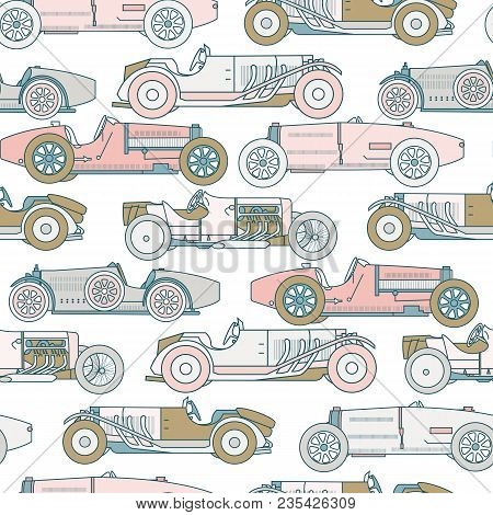 Vector Race Retro Sport Car Seamless Pattern. Vintage Automobiles Isolated On White Background