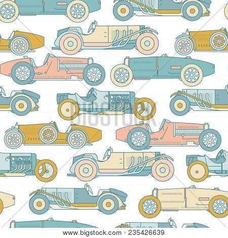 Vector Race Retro Sport Car Seamless Pattern. Vintage Automobiles Isolated On White Background