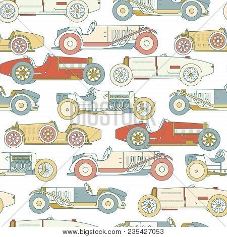 Vector Race Retro Sport Car Seamless Pattern. Vintage Automobiles Isolated On White Background