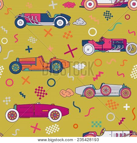 Vector Race Retro Sport Car Seamless Pattern. Vintage Automobiles Isolated On White Background. Memp