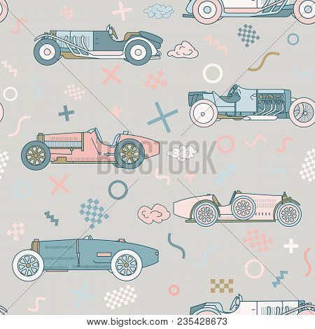 Vector Race Retro Sport Car Seamless Pattern. Vintage Automobiles Isolated On White Background. Memp
