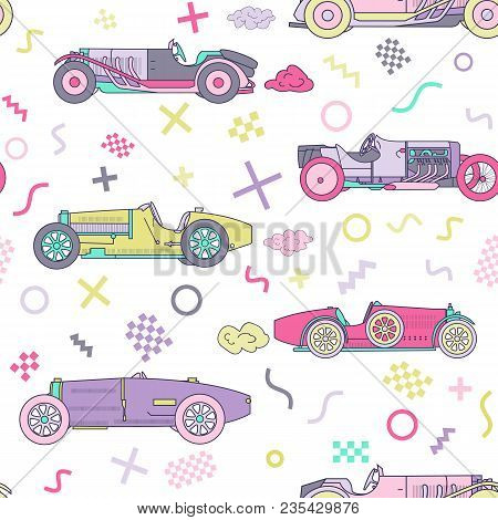 Vector Race Retro Sport Car Seamless Pattern. Vintage Automobiles Isolated On White Background. Memp