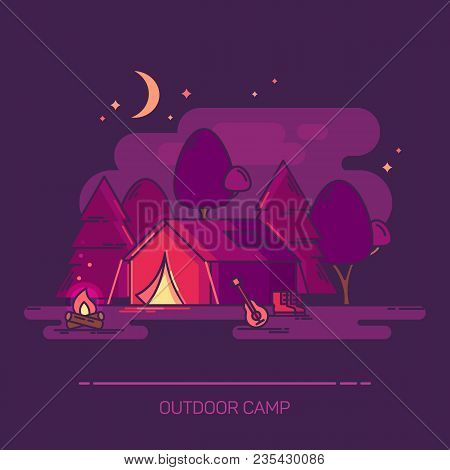 Outside Or Outdoor Night View At Camp With Moon. Tent Or Tabernacle, Bivvy And Campfire, Guitar And 