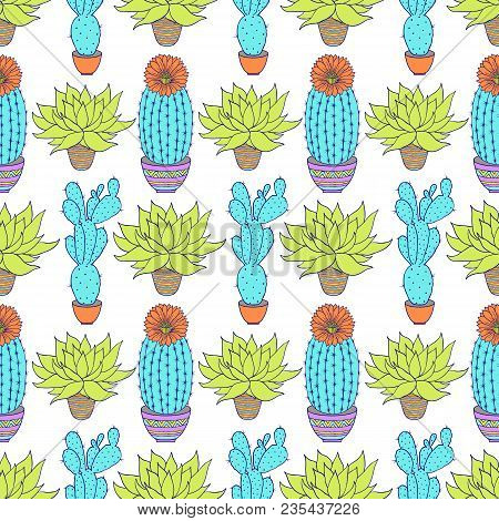 Seamless Pattern With Colorful Hand Drawn Cactuses.vector Illustration.