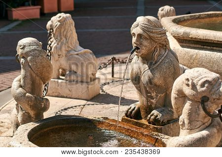 Beautiful Old Contarini Fountain On Piazza Vecchia Square In Bergamo, Italy