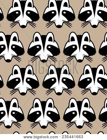 Seamless Background With Raccoon Muzzles. Cute Cartoon Raccon Faces Background. Vector Illustration