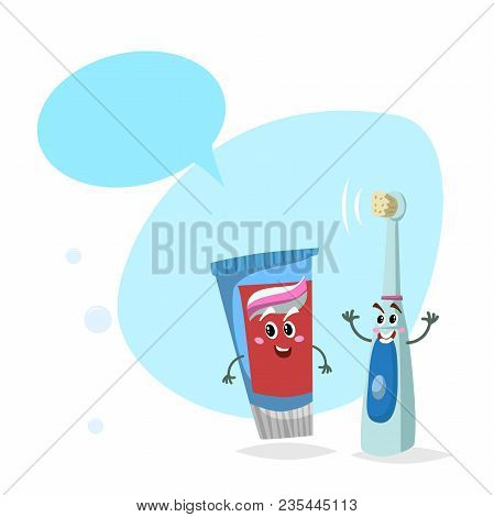 Cartoon Toothpaste Tube And Electric Ultrasound Toothbrush Smiling Mascots.hygiene And Dental Care C
