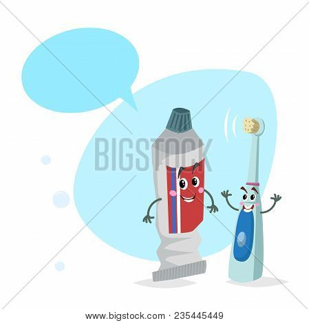 Cartoon Toothpaste Tube And Electric Ultrasound Toothbrush Smiling Mascots.hygiene And Dental Care C