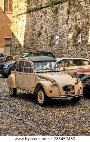 Bergamo, Italy: July 08 2017 - Retro Beige Citroen 2 Cv 6 Charleston Car Released Circa 1980 In Fran
