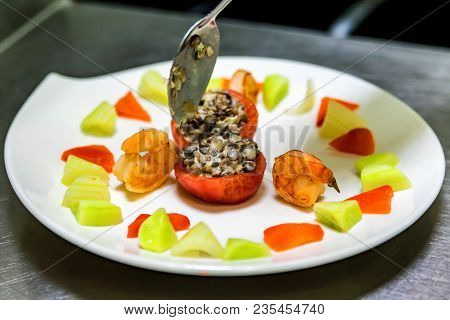 Close Up White Plate With Salad Ingredients At Cooking Workshop