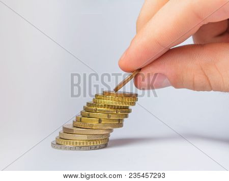 Saving Money Concept Preset By Male Hand Putting Money Coin Stack Growing Business