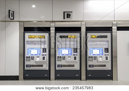 Kuala Lumpur, Malaysia - January 1,2018 : Vending Ticket Machine At Kuala Lumpur Mrt Station For Pas