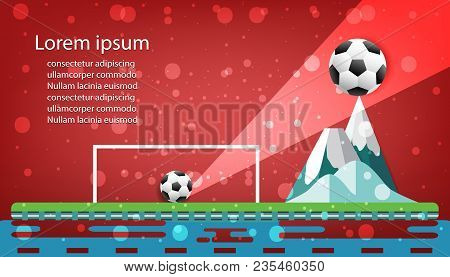 Football Logo Design Graphics. Concept Soccer Victory Culmination On Mountain In Red Background Vect