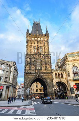 Prague, Czech Republic - October 9, 2017: Beautiful Ancient Powder Tower, Prague, Czech Republic. Po