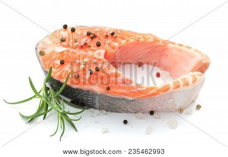 Salmon Stake With Species And Rosemary Isolated