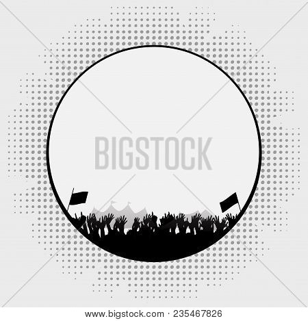 Cartoons Style White Border With Silhouette Of A Music Festival With Crowd Tends And Flags Over Whit
