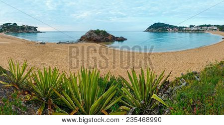 La Fosca Beach Summer Morning Landscape With Castle Ruins And Agave Plants, Palamos, Girona, Costa B