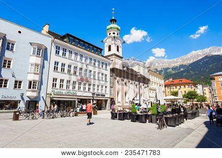 Innsbruck, Austria - May 22, 2017: Spitalskirche Is The Roman Catholic Church Located In Altstadt Ol