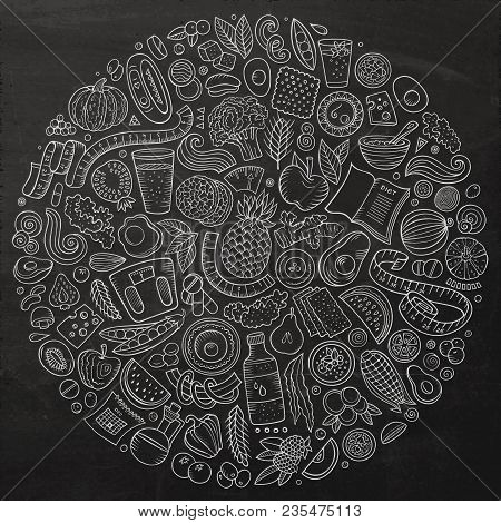 Set Of Vector Cartoon Doodle Diet Food Objects Collected In A Circle. Dietic Subjects Collection