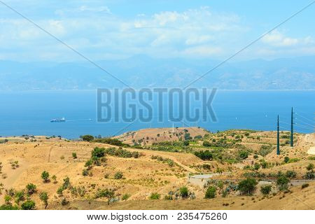 Picturesque Summer View To Sea And Sicily Island In Far From Mountain Hills In Motta San Giovanni Ou