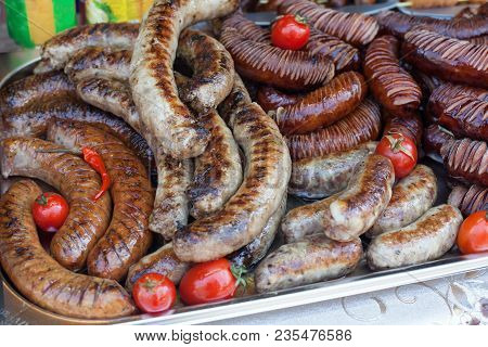 Grilled Fruit And Vegetable. Delicious Grilled Sausages. Fine Food Fair.