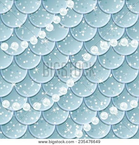 Fish Scales With Pearls Seamless Pattern. Mermaid Tail Texture. Vector Illustration. Print Design Fo
