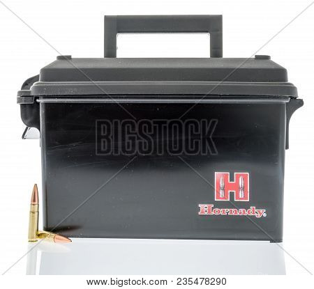 Winneconne, Wi -  30 March 2018: A Canister Of Hornady Ammunition On An Isolated Background.