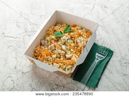 Healthy Food Delivery. Pilov From Bulgur With Chicken. Take Away Of Daily Ratio Meals In Paper Boxes