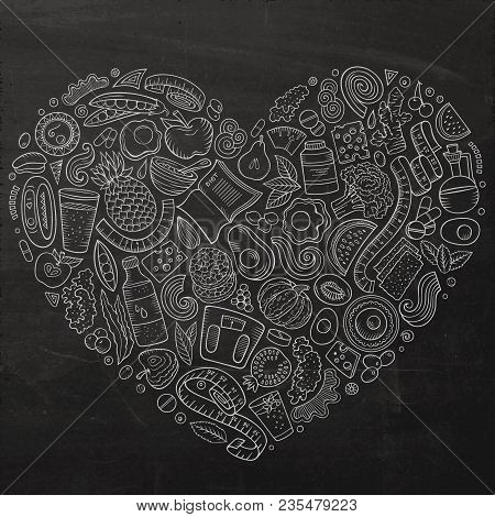 Set Of Vector Cartoon Doodle Diet Food Objects Collected In A Heart. Dietic Subjects Collection