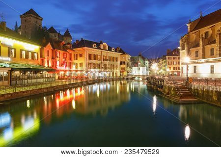 Thiou River During Morning Blue Hour In Old City Of Annecy, Venice Of The Alps, France
