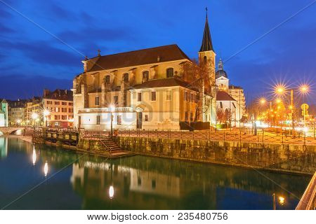 Church Of Saint Francois De Sales And Thiou River During Morning Blue Hour In Old City Of Annecy, Ve