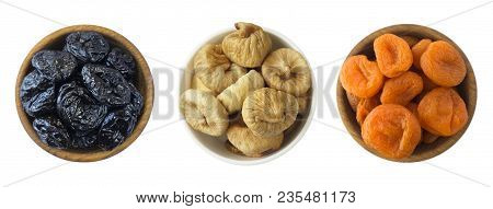 Collage Of Different Dried Fruits. Dried Prunes, Dried Apricots, Figs Isolated On White Background. 