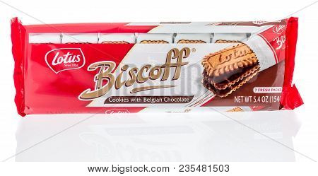 Winneconne, Wi -  7 April 2018: A Package Of Lotus Biscoff Belgian Chocolate Cookies On An Isolated 