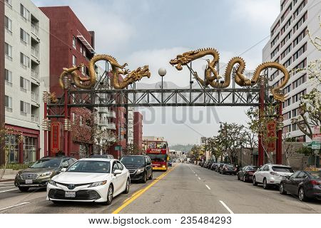 Los Angeles, Ca, Usa - April 5, 2018: Golden Dragon Torii Entrance Gate To Chinatown Over Broadway. 