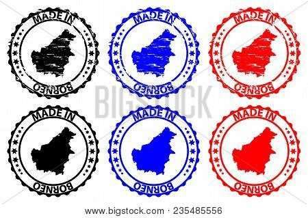 Made In Borneo - Rubber Stamp - Vector, Borneo Map Pattern - Black, Blue And Red