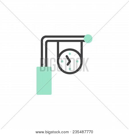 Train Station Clock Icon Vector, Linear Flat Sign, Bicolor Pictogram, Green And Gray Colors. Public 