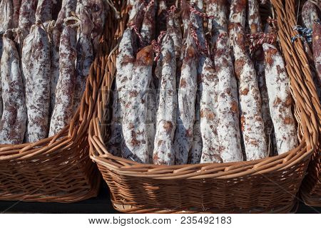 Traditional Sausage Is Dry In Market. Gastronomic Products For Gourme.
