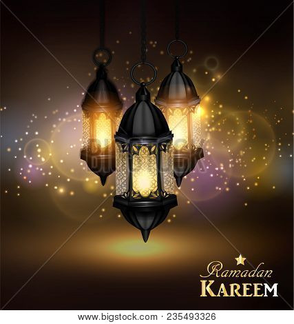 Ramadan Kareem Greetings With Colorful Set Of Lanterns Or Fanous Hanging In A Dark Glowing Backgroun