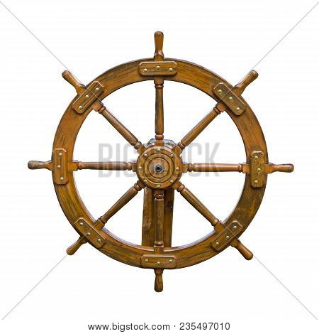 Old Boat Steering Wheel Isolated On White Background. Useful For Leadership And Skillful Management 