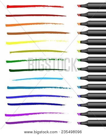Realistic Broad Markers With Different Colors Strokes. Vector Illustration.eps 10