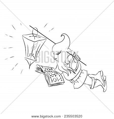 Clever Gnome With Magic Book And Lamp. Hand Drawing Vector Sketch Outline Illustration.
