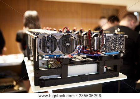 Cryptocurrency Mining Equipment Rig - Lots Of Gpu Cards On Mainboard. Graphics Processing Units Conn