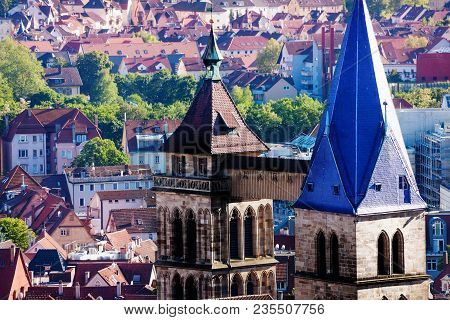 Top View Of Esslingen With Twin Bell Tower Of St. Dionysius Church, Germany, Europe